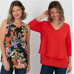 DG2 by Diane Gilman 2pck Printed Easy Tank/3/4-Sleeve Easy Top Red Size: M